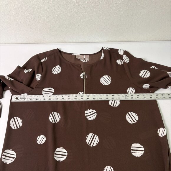 Chicos Top Womens 2 Us L Brown White Circles Geometric Slit Tie Sleeve 1/4 Zip - Picture 11 of 13